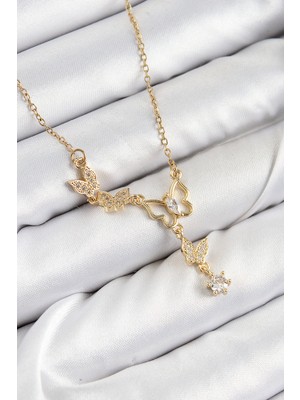 Clariss 316L Çelik Zirkon Taşlı Kelebek Model Gold Renk Kadın Kolye