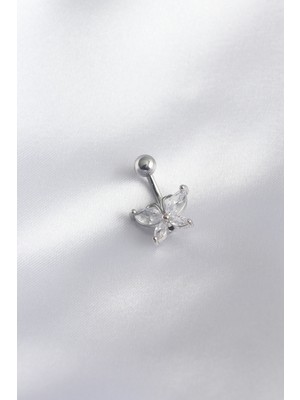 Clariss 316L Cerrahi Çelik Gümüş Renk Zirkon Taş Kelebek Model Kadın Göbek Piercing