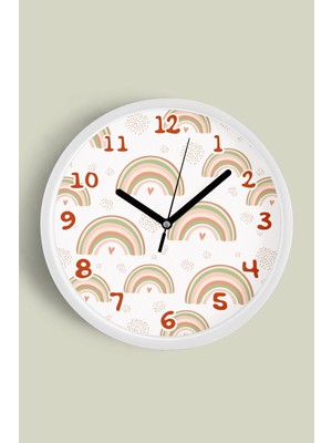 JHAAR Pastel Gökkuşağı Çocuk Odası Duvar Saati - 25CM - Önü Camlı Beyaz Kasa