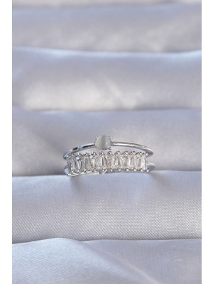 Clariss Pirinç Gümüş Renk Zirkon Taşlı Baget Su Yolu Model Ayarlanabilir Yüzük