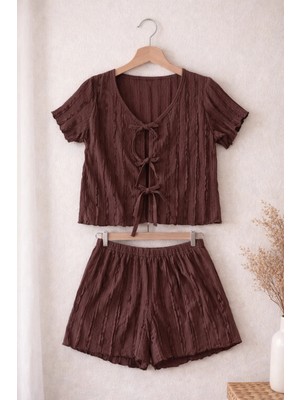 Retrobird Bürümcük Kumaş Şortlu Pijama Takımı – Yazlık Ev Giyim Kadın Kahverengi