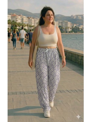 Bukadınca Lila Yaprak Desenli, Lastik Belli, Bol Paça Milan Pantolon
