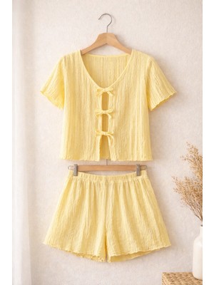 Retrobird Bürümcük Kumaş Şortlu Pijama Takımı – Yazlık Ev Giyim Kadın Sarı
