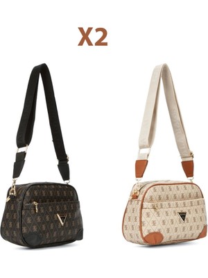 Newish Kadın Monogram Desenli Uzun Askılı Çapraz Omuz Çantası 2 Adet – Kahve - Bej Taba NEW361