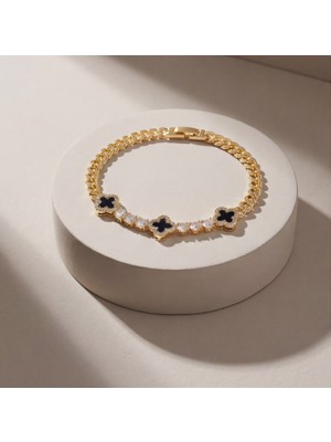 Ferizz Altın Kaplama Siyah Çiçek Model Zirkon Taşlı Kadın Bileklik BLK-1274