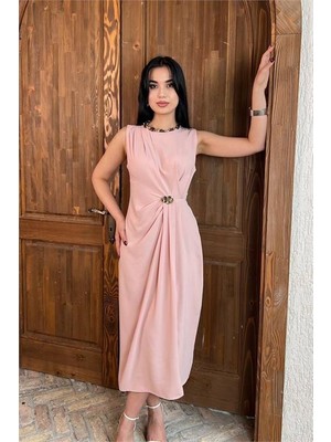 Dip Moda Kadın Pudra Drapeli Gold Toka Detaylı Midi Boy Elbise DPMY3892