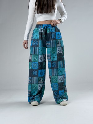 Cocopelli Blue Kadın Patchwork Oversize Pantolon COC2939