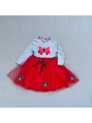 Diji Baby 5-6-7 Yaş Taşlı Kelebek Desenli Kurdela Kuşaklı Astarlı Kız Çocuk Tütü Elbise