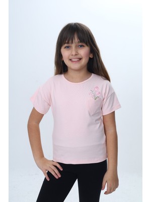 Toontoy Kız Çocuk Kalp Cepli Çiçek Baskılı Tişört