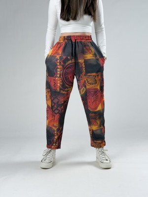 Cocopelli Kırmızı Desenli Kadın Baget Pantolon COC2946