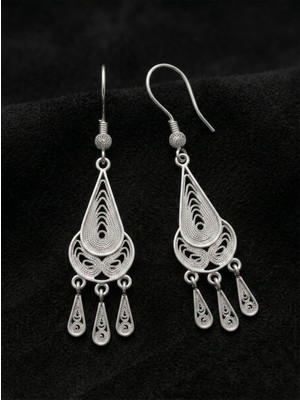 Erdobia 925 Ayar Gümüş Geleneksel Telkari Şamdan Küpe - Damla Püsküllü El Işçiliği