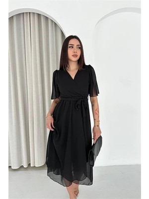 Dip Moda Kadın Siyah Kuşaklı Kruvaze Yaka Anvelop Şifon Elbise DPK4520