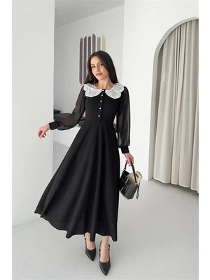 Dip Moda Kadın Siyah Dantel Yaka Krep Kumaş Düğme Detaylı Elbise DPK4586