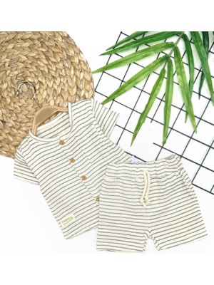 Diji Baby 9-12-18-24 Ay Düğme Detaylı Çizgili Müslin Kumaş Yazlık 2li Erkek Bebek Takımı