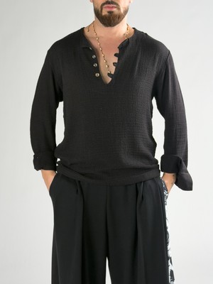 Cocopelli Tasarım Siyah Düğme Detaylı Erkek T-Shirt COC2957