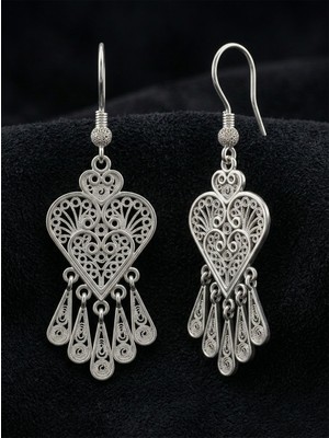 Erdobia 925 Ayar Gümüş Geleneksel Telkari Kalp Küpe - Damla Püskül Sallantılı El Işçiliği