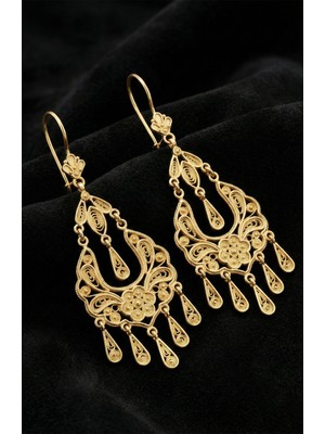 Erdobia 925 Ayar Gümüş Altın Renk Telkari Işlemeli Avize Sallantılı Küpe - Otantik El Işçiliği