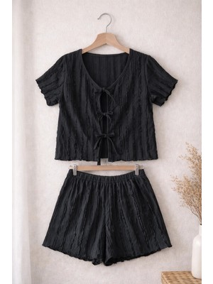 Retrobird Bürümcük Kumaş Şortlu Pijama Takımı – Yazlık Ev Giyim Kadın Siyah