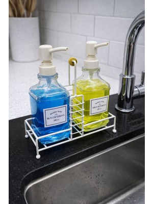 Ikili Cam Sıvı Sabunluk ve Bulaşık Deterjanlık Seti (Krem & Siyah Seçenek)