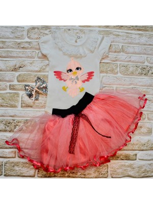 Diji Baby 9-12-18 Ay Toka Hediyeli Kuş Desenli Tişört Tütü Etek 2li Kız Bebek Takımı