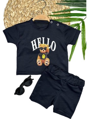 Diji Baby 9-12-18-24 Ay Hello Gözlüklü Ayıcık Baskılı Şortlu Kısa Kollu Tişört 2li Erkek Bebek Takımı