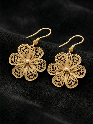 Erdobia 925 Ayar Gümüş Altın Renk Geleneksel Telkari Elişi Papatya Kancalı Sallantılı Küpe