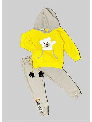 Diji Baby 2-3-4 Yaş Pelüş Ayı Desenli Kapşonlu Uzun Kollu Penye Sweat 2li Erkek Çocuk Takımı