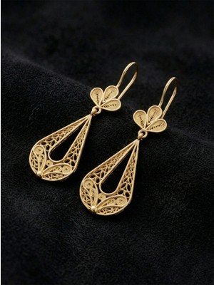 Erdobia 925 Ayar Gümüş Altın Renk Geleneksel Telkari Sanatı Lale Figürlü Damla Drop Sallantılı Küpe