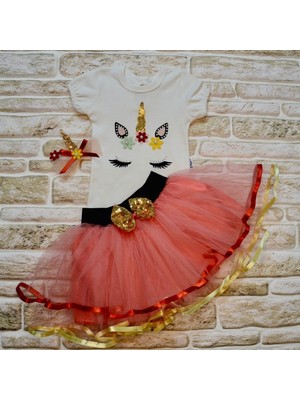 Diji Baby 9-12-18 Ay Payetli Pony Nakışlı Tokalı Kısa Kollu Tütü Etek 3lü Kız Bebek Takımı