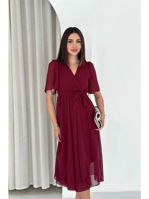 Dip Moda Kadın Bordo Kuşaklı Kruvaze Yaka Anvelop Şifon Elbise DPK4520