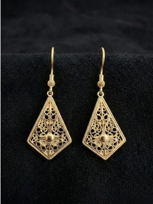 Erdobia 925 Ayar Gümüş Altın Kaplama Geleneksel Telkari Baklava Dilimi Kancalı Küpe