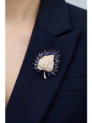 BB Bi Butik Shop Royal Sapphire Işıltılı Taşlı Yaprak Tasarım Broş