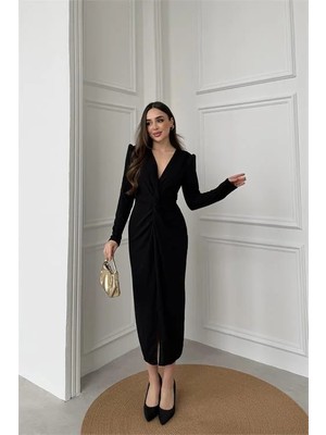 Dip Moda Kadın Siyah Anvelop Büzgülü Simli Premium Midi ELBISEDPELB08