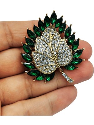 BB Bi Butik Shop Zümrüt Yeşili Markiz Kesim Kristal Taşlı Yaprak Broş - Altın Kaplama Lüks Ceket Yaka Iğnesi
