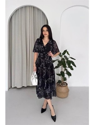 Dip Moda Kadın Siyah Kruvaze Yaka Desenli Midi Boy Şifon Elbise DPK4587