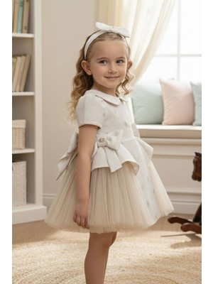 Pamina Kız Bebek Bandanalı Fiyonklu Tül Elbise Bej 36168