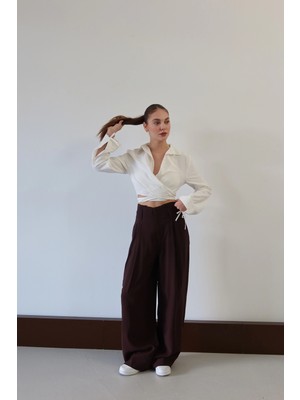 Pens Detaylı Dökümlü Geniş Paça Pantolon Kahve