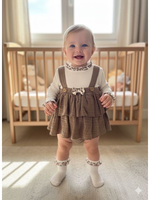 Miniday Baby Kız Bebek Bayramlık Romper 2'li Şortlu Etekli Takım Özel Gün Leoparlı Vintage Müslin