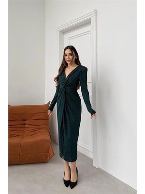 Dip Moda Kadın Yeşil Anvelop Büzgülü Simli Premium Midi Elbise DPELB08