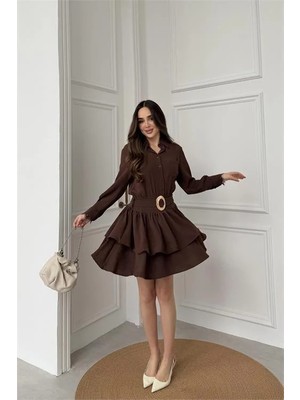 Dip Moda Kadın Kahverengi Gömlek Yaka Gold Tokalı Dantel Detaylı Kat Kat Mini Elbise DPELB07