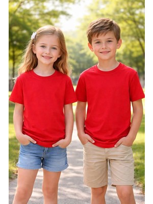 Metrey Erkek Veya Kız Bisiklet Yaka Kısa Kol Okul %100 Pamuk Penye Tshirt