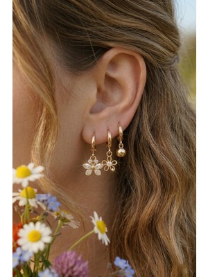 Sacce Scarves & Accessories Kelebek ve Çiçek Figürlü Üçlü Halka Küpe Seti – Minimal Zirkon Taşlı Küpe Kombini