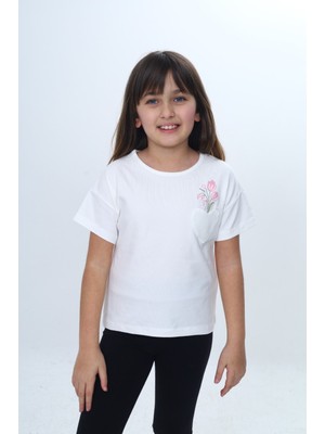 Toontoy Kız Çocuk Kalp Cepli Çiçek Baskılı Tişört