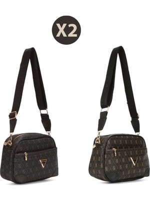 Newish Polo Kadın Monogram Desenli Uzun Askılı Çapraz Omuz Çantası 2 Adet – Siyah Kahve - NEWPOLO361