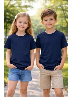 Metrey Erkek Veya Kız Bisiklet Yaka Kısa Kol Okul %100 Pamuk Penye Tshirt