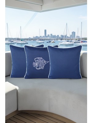 Visionario Kırlent Kılıfı 45X45 3'lü Set Marin Nakışlı Balık Desen Su Itici Outdoor Keten Tekne Bahçe