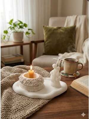 Doğal Dekoratif El Yapımı Çiçekli Mumluk ve Minimalist Aile Figürü Seti