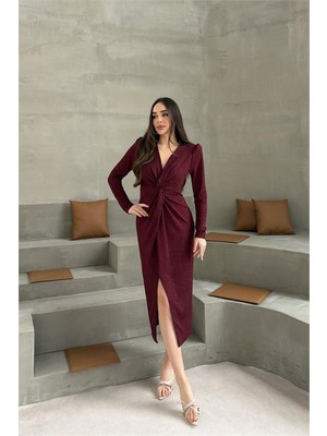 Dip Moda Kadın Bordo Anvelop Büzgülü Simli Premium Midi Elbise DPELB08