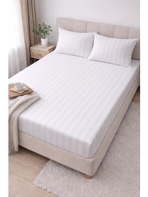 Clasy Ranforce Lastikli Çarşaf Seti Çift Kişilik Çizgili Beyaz ÇKLÇ-267 %100 Pamuk