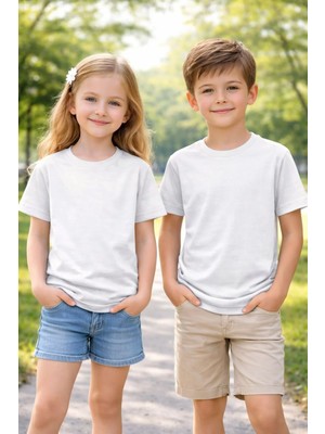 Metrey Erkek Veya Kız Bisiklet Yaka Kısa Kol Okul %100 Pamuk Penye Tshirt